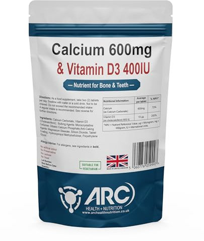 Calcium and Vitamin D for Healthy Bones and Teeth - 180 Vegetarian Tablets - Made in The UK
