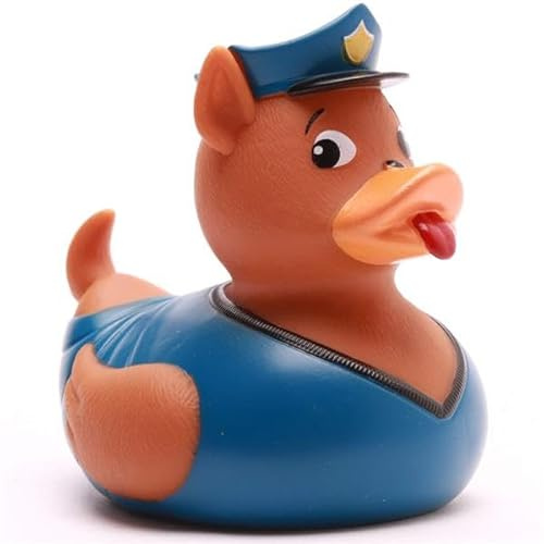 Duckshop I Badeente Polizeihund inkl. Quietscheentchen-Schlüsselanhänger im Set I L9cm I Quietscheente I Geschenk für Kinder I
