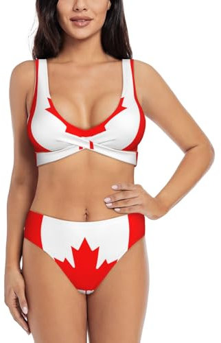 Maillot de bain deux pièces taille haute imprimé drapeau canadien, bikini pour femme, bikini triangle à coupe haute, Noir , XXL