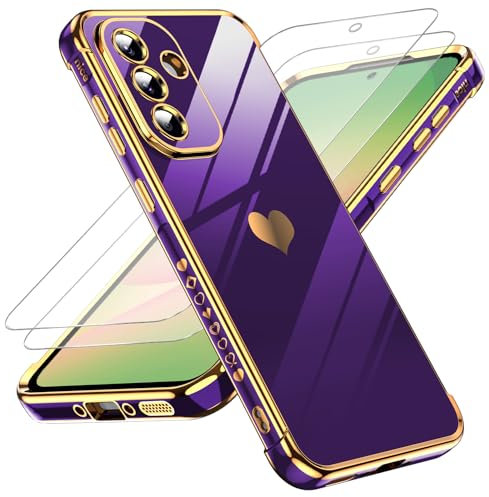 LeYi Funda para Samsung Galaxy A56/A 56 5G 5 G, Silicona Carcasa con 2pcs Cristal Templado, Corazón Amor Mujer Estuche Protector Galvanizado Suave Bumper Resistente Antigolpes Móvil Case,Morado Oscuro