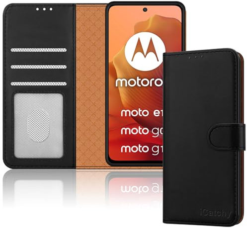 iCatchy Case for Motorola Moto G15 / Moto G05 / Moto E15 Case Leather Wallet Book Stand View Magnetic Protect RFID Blocking Cover compatible with Motorola G15 / E15 / G05 Phone Cover (Black)