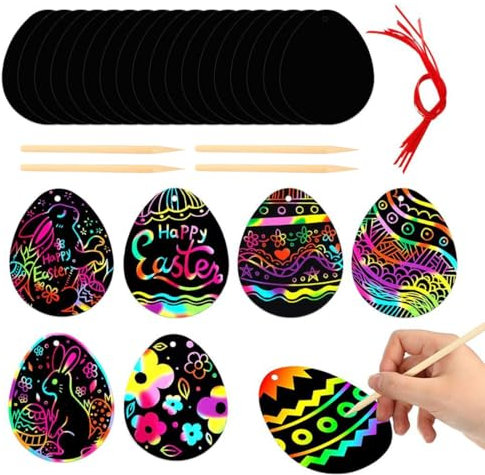 NOPKESV 12 Stück Ostern Kratzbilder Ostereier Kratzbilder Kinder Ostern Bastelset Kinder mit Holzstiften Bändern für Ostern Deko Party Mitgebsel Ostereier Scratch Art Set Ostern Bastelset