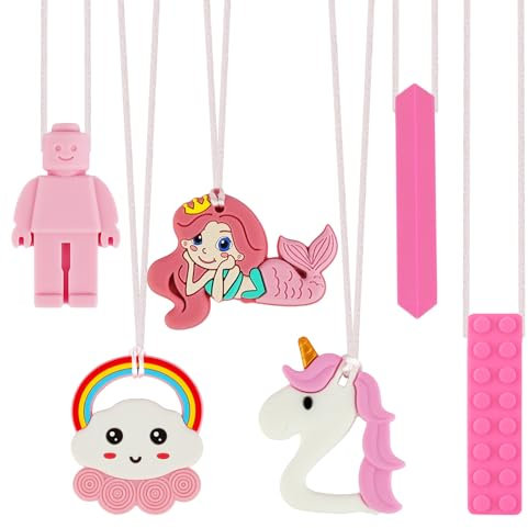 HOTUT Kaukette für Kinder,6 Stück Silikon Beißkette,Sensory Kauen Halskette,Kauanhänger,Beißring Anhänger für Jungen Und Mädchen mit Autismus Und ADHS (Rosa)