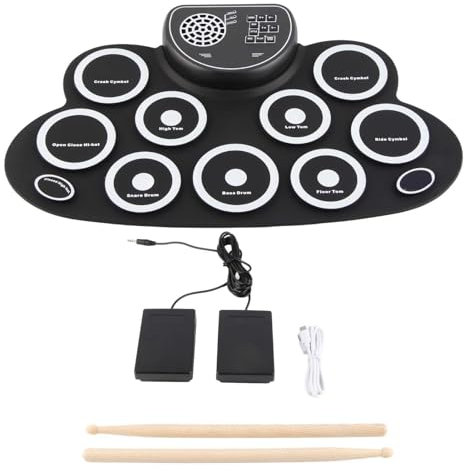 FLEXMAN e Drum Set, 9 Drum Pads, Über USB Wiederaufladbar, Doppellautsprecher, Roll Up Drum Übungspad für Kinder, 10 Lautstärken, Roll Up Drum Pad Maschine mit Drumsticks