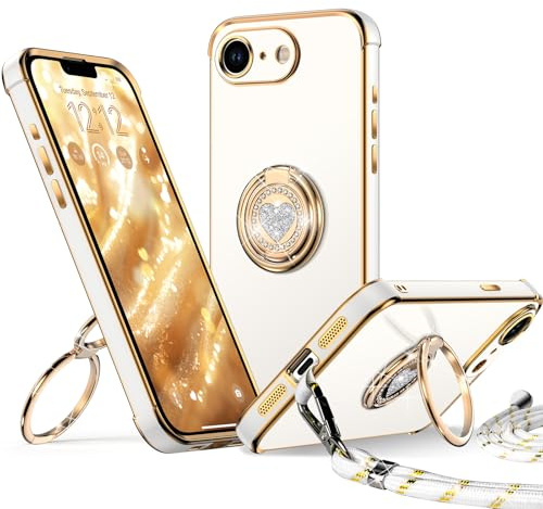 XYZ für iPhone 16E / 17E Hülle mit Band, Weiß | Herzen Doppelring Ständer HandyHülle, Frauen Mädchen Dünn Stoßfeste Case mit Handykette, Anti Kratzt SchutzHülle