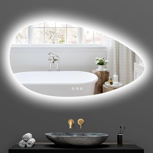 YOLEO Badspiegel mit Beleuchtung, Asymmetrischer Wandspiegel LED Badezimmerspiegel Antibeschlag großer Schminkspiegel, Berührungstaste Dimmbares 3 Farben LED-Licht, 108x60cm