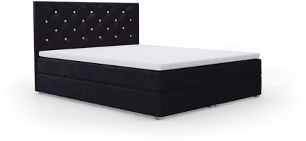 FurniDe24 Boxspringbett mit 2 Bettkästen und Taschenfederkernmatratze H3, Bett mit Zierknöpfen am Kopfteil, Topper-Matratze 3cm, verstärkter Rahmen, schwarz Plüsch, 140x200cm - Fano