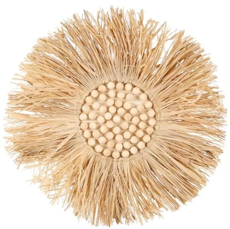 GREENADSCAPE Raffia Wanddekoration Mit Holzperlen Gewebtes Bast Ornament Nordic Stil Für Wohnzimmer Schlafzimmer Und Büro Natürliche Heimdeko 17.32X17.32In