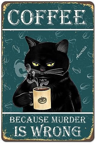 Décoration murale en métal, panneau de jardin, panneau de rue cadeau – Panneau en métal vintage amusant de chat noir préfère le café, bar, pub, décoration d'intérieur, 20,3 x 30,5 cm