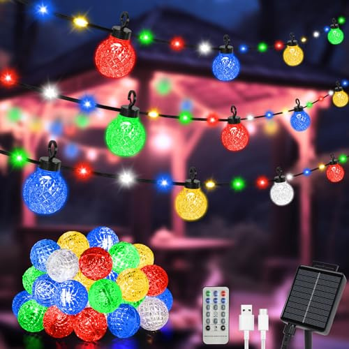AUAUY Solar Lichterkette Außen, 25 Glühbirnen 12m 100 LED 8 Mode IP65, Bunt | Solar Lichterkette mit Fernbedienung, USB Aufladbar, Wetterfest Solarlichterkette, für Outdoor, Garten, Terrasse, Balkon Deko