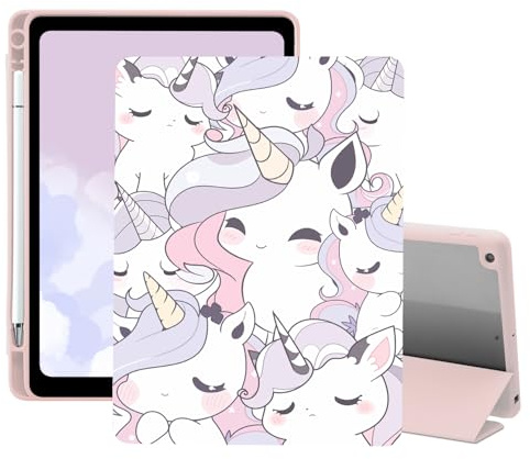 Étui licorne mignon pour iPad 9e/7e/8e génération (2021/2020/2019, 10,2 pouces) avec porte-crayon, support à trois volets, en cuir rose, coque arrière transparente, fonction veille/réveil automatique