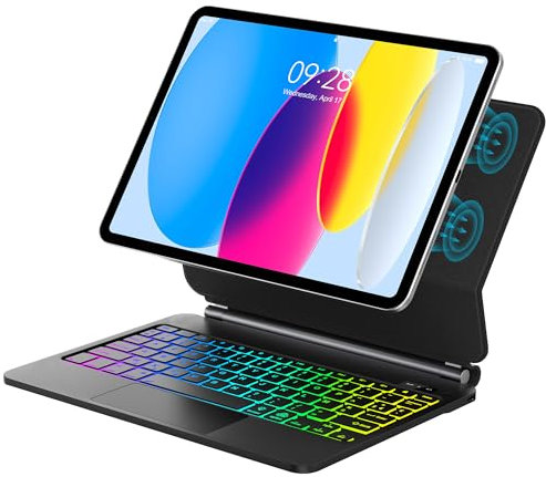 Étui Clavier pour iPad A16 11e Génération 2025 et iPad 10e Génération 2022, Rétroéclairage 7 Couleurs, Pavé Tactile Multi-Touch, Conception Magnétique Flottante, AZERTY Français, Noir