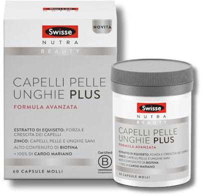 Swisse Capelli Pelle Unghie Plus - Integratore per Capelli più Sani e Forti, per il Benessere di Pelle e Unghie, con Biotina, Zinco e Cardo Mariano, Alto Dosaggio, 60 Softgels