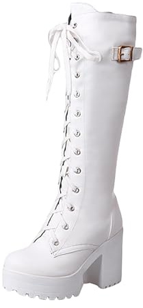 Xbemkste Bottes à plateforme pour femme - Avec talon - Bottes à lacets avec boucle latérale - Bottes de motard gothiques à talons hauts - Bottes hautes pour femme, Blanc., 39 EU