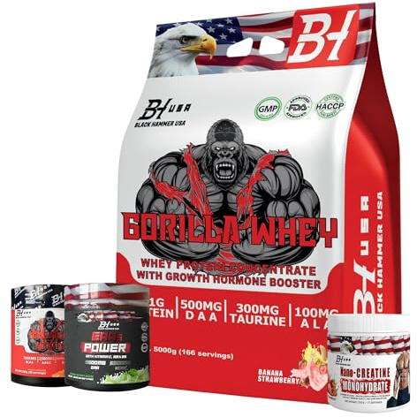Hammer Day Bundle Deal | Gorilla Whey Protein 5kg + EAA Power + Nano Creatine + Gorilla BCAA | Muscle Growth, Strength & Recovery | Pre & Post Workout | High Protein | Black Hammer USA