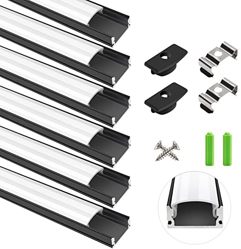 LightingWill LED Profil 6 × 1m, U-Form Aluminium Profil in Schwarz mit Milchweißer Abdeckung, Endkappen und Montageclips, LED-Schiene für LED-Streifen