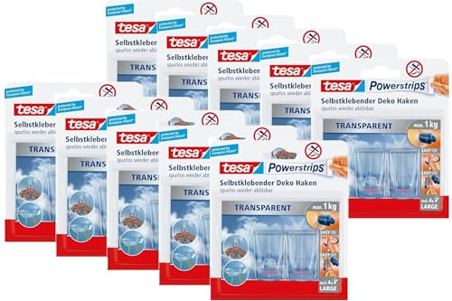tesa 58813-00002-00 Pack mit 2 Haken (XL-Format) und 4 Powerstrip-Klebestreifen, transparent (10er Pack)