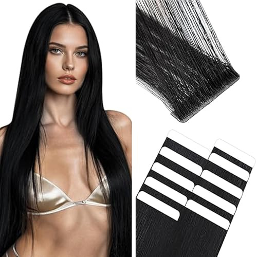 WuvuSnm Tape In Extensions Echthaar Human Hair Straight Invisible Extensions #1 Jet Black Color 10 Pièces/40g Haarverlängerung Echthaar for Women Minimal Smell Low Shedding 12 Zolls