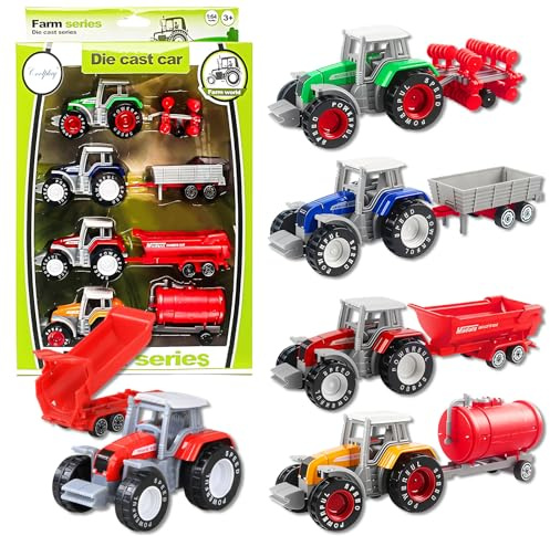 Eymobad Metall Traktor Set mit Abnehmbarer Kabine & Anhänger, 4er Bauernhof Traktor Spielzeug - Kinder Spielzeug aus Metall/Kunststoff, Robuste Farm Truck Modelle, Ideal für Innen & Außen