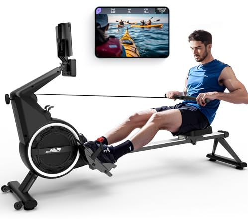 BOTORRO Rudergerät für Zuhause, Luft- & Magnetwiderstand Rudergerät mit 10 Stufen, Heimtrainer bis 158 kg, Leise Dual-Schiene, Bluetooth LED Monitor mit Tablet-Halter, Schwarz