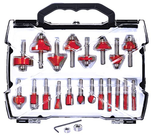 Sinoprotools Jeu de 20 Fraises Défonceuse Queue 6 mm – Carbure de Tungstène, Coffret de Rangement, Fraises Bois pour Rainurage, Profilage et Finition, Kit Menuiserie DIY