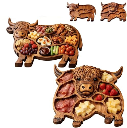 Tagliere per salumi in legno a forma di mucca, tagliere per salumi a forma di mucca, per formaggio, carne, frutta e snack, piatto rustico in legno da fattoria (A+B)