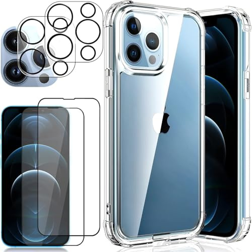 DYNASCO Coque transparente 5 en 1 pour iPhone 12 Pro Max 6,7, avec 2 films de protection d'écran HD + 2 protecteurs d'objectif d'appareil photo, film de protection en verre trempé de dureté 9H, coque
