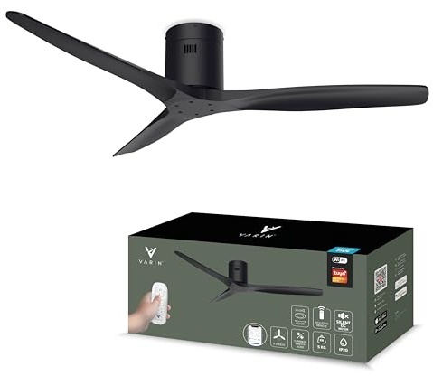 Varin® Ventilador Techo Aspas Largas, Ø 132 cm - Negro | Ventilador Techo Sin Luz Silencioso 20dB, Tuya WiFi, 6 Velocidades, Ventilador Techo Inteligente con Mando a Distancia y App