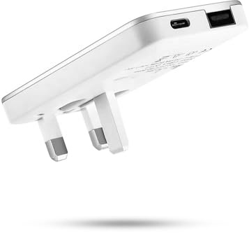 Ultra Slim USB-C Wall Charger UK Plug, 20W Fast Charging Dual Port Adapter – Flush-Fit Plug Socket Charger for iPhone, iPad, Samsung – Space-Saving Behind-Furniture Design, Arctic White