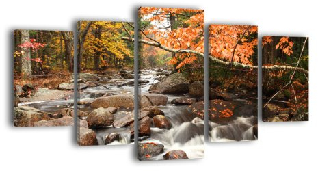 Leinwandbild Fluss im Herbst LW313 Wandbild, Bild auf Leinwand, 5 Teile, 210 x 100 cm, Kunstdruck Canvas, XXL Bilder, Keilrahmenbild, fertig aufgespannt, Bild, Holzrahmen, Flussbett, Herbst, Stimmung