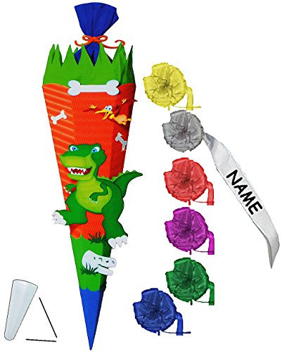 alles-meine.de GmbH BASTELSET Schultüte - Dinosaurier - Dino - 85 cm - incl. individueller Schleife - mit/ohne Kunststoff Spitze - Zuckertüte - Set zum selber Basteln - 6 e..