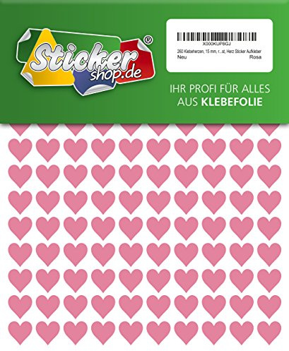 260 Klebeherzen, 15 mm, rosa, aus PVC Folie, wetterfest, Herz Sticker Aufkleber