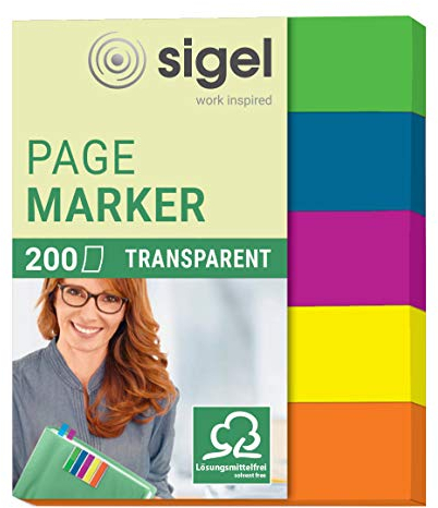 SIGEL HN615 Transparent Index Page Markers, 5 x 40 strips, Blue/Pink/Yellow/Orange/Green