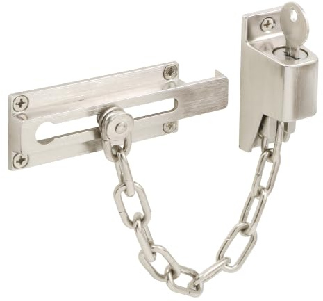 Prime-Line U 11093 Keyed Chain Door Guard, 3-1/4 In., Steel and Diecast Construction, Satin Nickel Plated Finish (Single Pack)