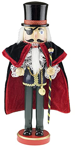 Herr Drosselmeier Noble Nutcracker Top Hat & Eye Patch | Traditional Christmas Decor | Cane & Pocket Watch | Black & Red Cape | Perfect for Shelves & Tables | 100% Wood | 14 Tall
