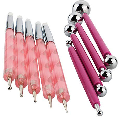CESFONJER 9 Pieces Stylus Tools, DIY Silicone and Ceramic Clay Indentation Tool and 4 Pieces Double-Ended Metal Ball Tools Set Also for Cake Fondant Decoration and Nail Art.