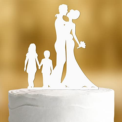Cake Topper Brautpaar mit Kindern [großes Mädchen, kleiner Junge] - Acryl deko weiss deko Hochzeitstorte deko Kuchen deko Hochzeit Tortendekoration Verlobung Tortendeko