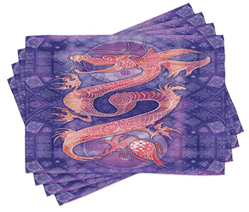 ABAKUHAUS Drachen Platzmatten, Chinesische Figur mit Ying Yang Zeichen Ethnische Muster Asian Arts Meditation Themed, Tiscjdeco aus Farbfesten Stoff für das Esszimmer und Küch, Lila Korallenrot