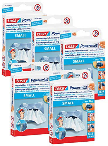 tesa Powerstrips Strips SMALL für max. 1kg, Packung mit 14 Strips (5 Packungen, SMALL)