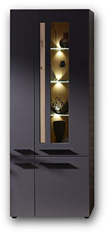 Stella Trading LOFT-TWO Vitrine in Artisan-Eiche Optik, graphit - Softclose Glasvitrine inkl. LED-Beleuchtung - 76 x 201 x 37 cm (B/H/T)