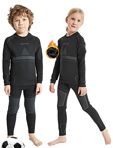 NOOYME Funktionsunterwäsche Kinder Skiunterwäsche Thermounterwäsche Atmungsaktiv & Hautfreundlich Sportunterwäsche Fussball, Schwarz-Grau (146/152) 150-155cm
