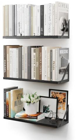 CASSA Wall Mounted Floating Book Shelves for Wall Set of 3, Shelf Bookshelf for Bedroom Living Room Office Bathroom Kitchen Rustic Wood with Metal Bracket (Black)