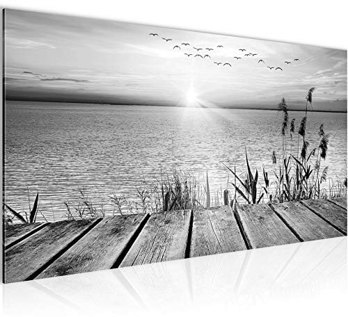 Runa Art Wandbild Brücke Am See 1 Teilig 100 x 40 cm Modern Bild auf Vlies Leinwand Landschaft Wohnzimmer Schlafzimmer Schwarz Weiss 034312c