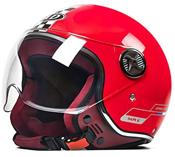 LIONCIANO Casque de Moto Adulte avec Anti Scratch Visiere, Casque Moto Demi-Jet Homme, Casque Moto et Scooter Compact Femme, Casque Semi-Ouvert Casque Jet Urbain(Rouge, Transparent Lentille)