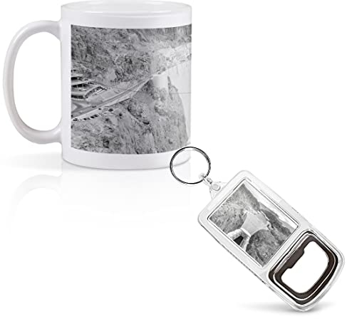 1 x 11oz (284ml) White Ceramic Mug Cup & 1 x Bottle Opener Keyring - BW - Hoover Dam Nevada USA Design for Coffee Tea Drinks Kitchen Birthday Office #39158