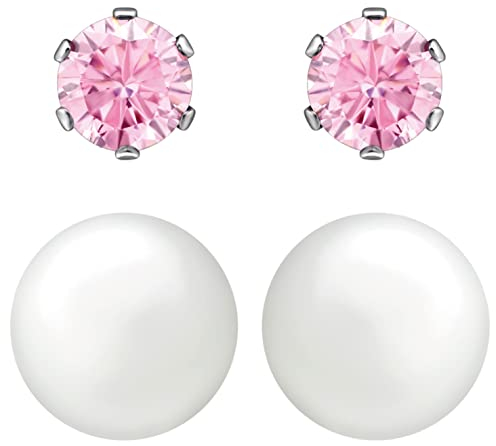 EYS JEWELRY Schmuck Damen Ohrringe Set für mehrere Ohrlöcher Perlen Ohrstecker Chirurgenstahl weiß rosa Schmuckset Edelstahl Geschenke für Frauen im Etui