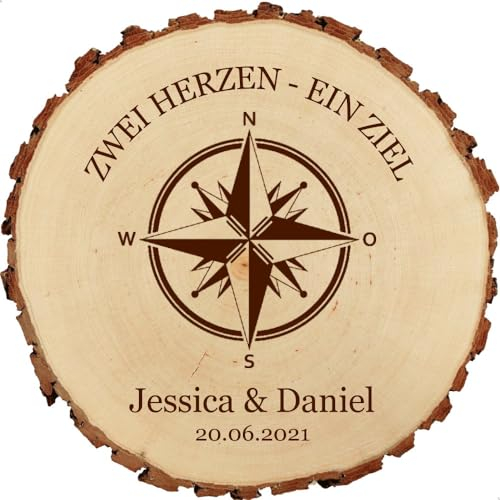 Baumscheibe 23cm mit Gravur (Namen, Datum) personalisierte Holz-Scheibe mit Kompass, Hochzeitsgeschenke Geschenkidee Jubiläum Hochzeitsdeko, MotivH1