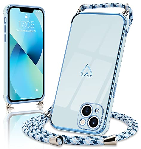 Micoden Handykette kompatibel mit iPhone 13 hülle Ultra dünn Kameraschutz Herz Love Design Galvanik TPU Silikon Bumper Kordel zum Umhängen Handyhülle mit Band Schutzhülle,Blau
