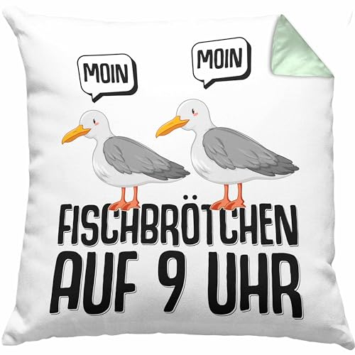 Trendation Moin Kissen mit Füllung 40x40 Norddeutsch Fischbrötchen Auf 9 Uhr Möwen Plattdeutsch Geschenk Norden (Grün)