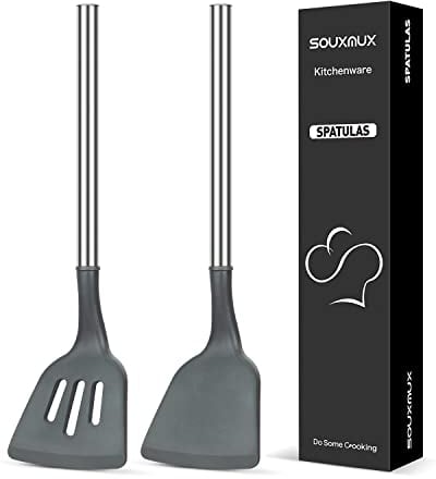 2 Spatules en Silicone Pour Wok, jeu de Spatules Solides et à Fentes, Manche en Acier Inoxydable Antiadhésif Sans BPA Résistant à la Chaleur Pour Cuisiner, Retourner les œufs, les Crêpes, le Poisson